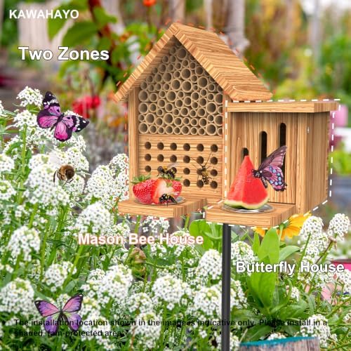 Mason Bee House Wooden Butterfly House with Feeders and Metal Stake, Insect Hotel for Garden Backyard, Natural Handmade Waterproof Bugs House, Attracts Bee, Butterfly, Ladybirds Pollinators - Image 5