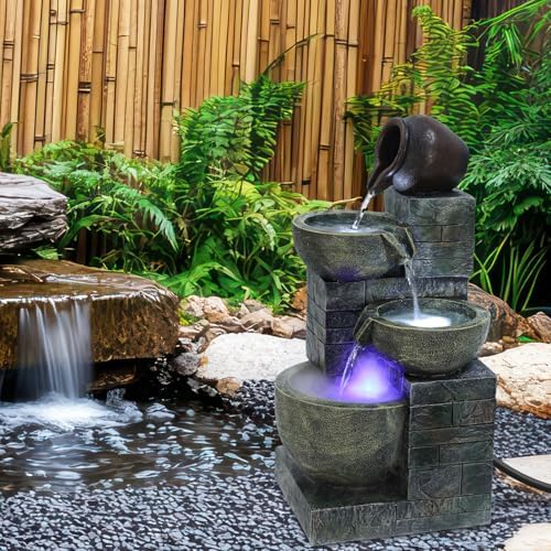 23.6" 4-Tiers Cascading Rock Water Fountain Outdoor Garden Waterfall Decor for Garden, Outside Cascading Bowls and Stacked Stones Patio Water Features Fountain with LED Light and Atomizer Wh - Image 3