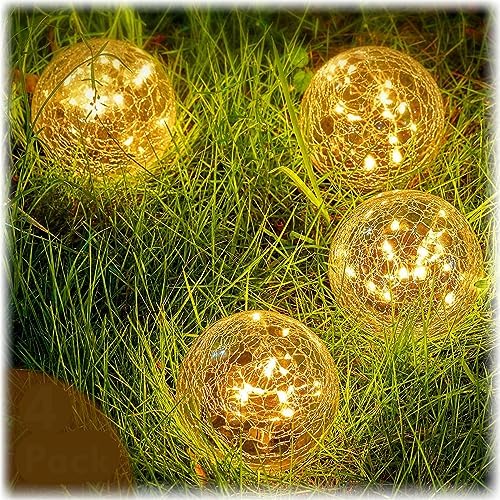 Honoson 4.7 Inch Solar Globe Lights Outdoor - Waterproof Cracked Glass Balls for Lawn Patio Yard Backyard Decorations, Warm Yellow Solar LED Lights with Easy Installation,Durable Design (4 Pcs) by Honoson