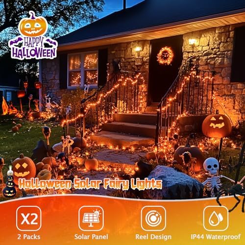 JMEXSUSS 4 Pack Solar Halloween Lights, 33FT 100 LED Orange Fairy Lights - Image 2