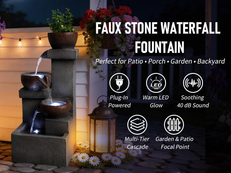 Freestanding Outdoor Water Fountain with Planter, Tiered Resin Design - Image 2