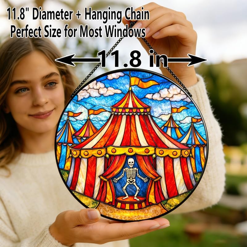 Stained Glass Window Hanging Suncatcher 11.8 in Circus Tent Skeleton Performer Colorful Glass Panel Sun Catcher for Window,Window Hanging Decor for Home,Housewarming Gift - Image 6