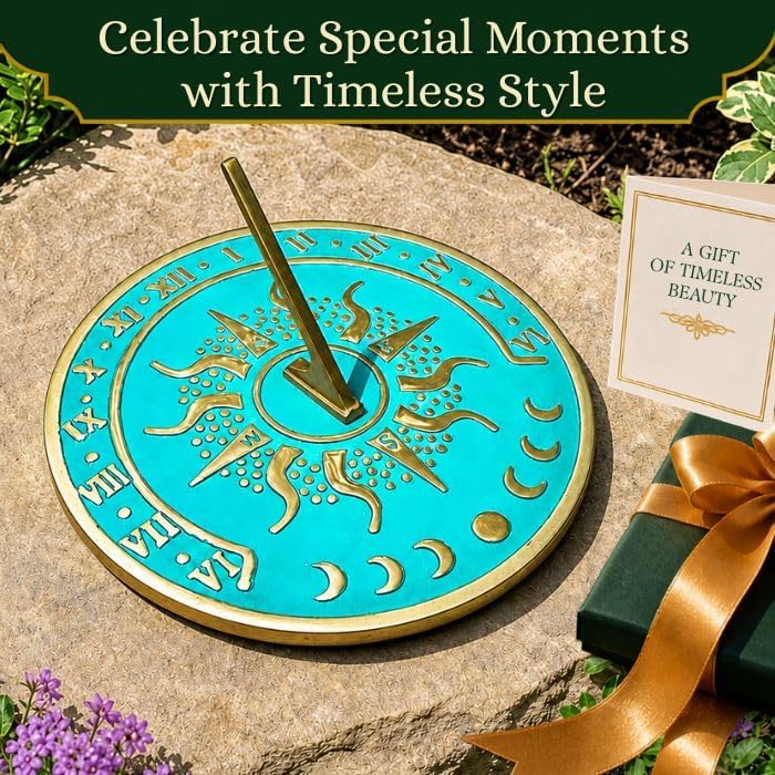 Renovators Supply Manufacturing Solstice Brass Sundial Blue Verdigris Finish 10" Dia Vintage Sun Dial Garden Or Lawn Clock Compass NESW Plaque Round Patio Outdoor Compass Sundials for Yards - Image 6