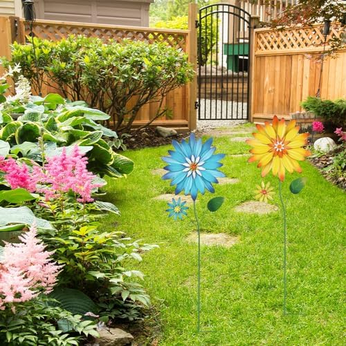YEAHOME Garden Decor for Outside, 35.4“ Set of 2 Metal Flowers Decorative Garden Stakes for Spring Decor, Yard Art Flower Stakes for Outdoor Lawn Backyard Porch Garden Decorations (Yellow, Blue) - Image 6