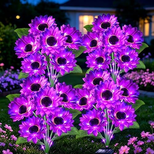 Solar Lights Outdoor, Gift for Women Mom Grandma Friends, 4 Pack 24 Solar Purple Sunflower Lights, Solar Flower Lights Waterproof, Outside Sunflower Decor Lights For Landscape Yard Patio Lawn Pathway by yulloyello