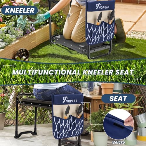 VOPEAK Garden Kneeler and Seat Heavy Duty, Foldable Garden Stool with Upgraded Widened Thick Kneeling Pad, Stable Garden Kneeler with 2 Large Tool Bags, Gardening Gifts for Women, Men, Seniors, Blue - Image 3