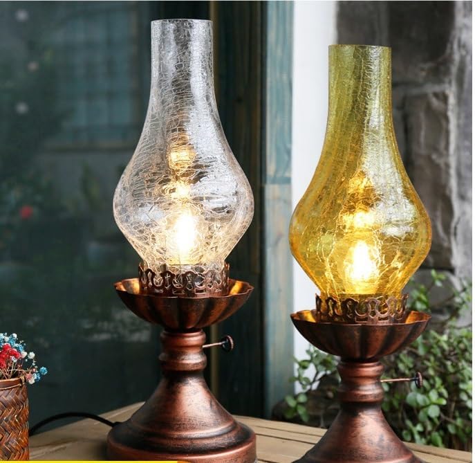 Vintage American Village Style Desk Light Industiral Table Llight with Glass Lampshade Old Style Kerosene Lamp Table Lamp Wrought Iron Metal Farmhouse Nightstand Lamps(Brown) - Image 5