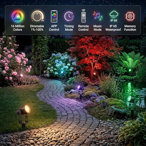 Smart Low Voltage Landscape Lights, Bluetooth Landscape Lighting, RGB Warm White LED Spotlights APP Control, 24V Outdoor Yard Spot Lights with Spike Stand, Waterproof Garden Light Music Sync - Image 2