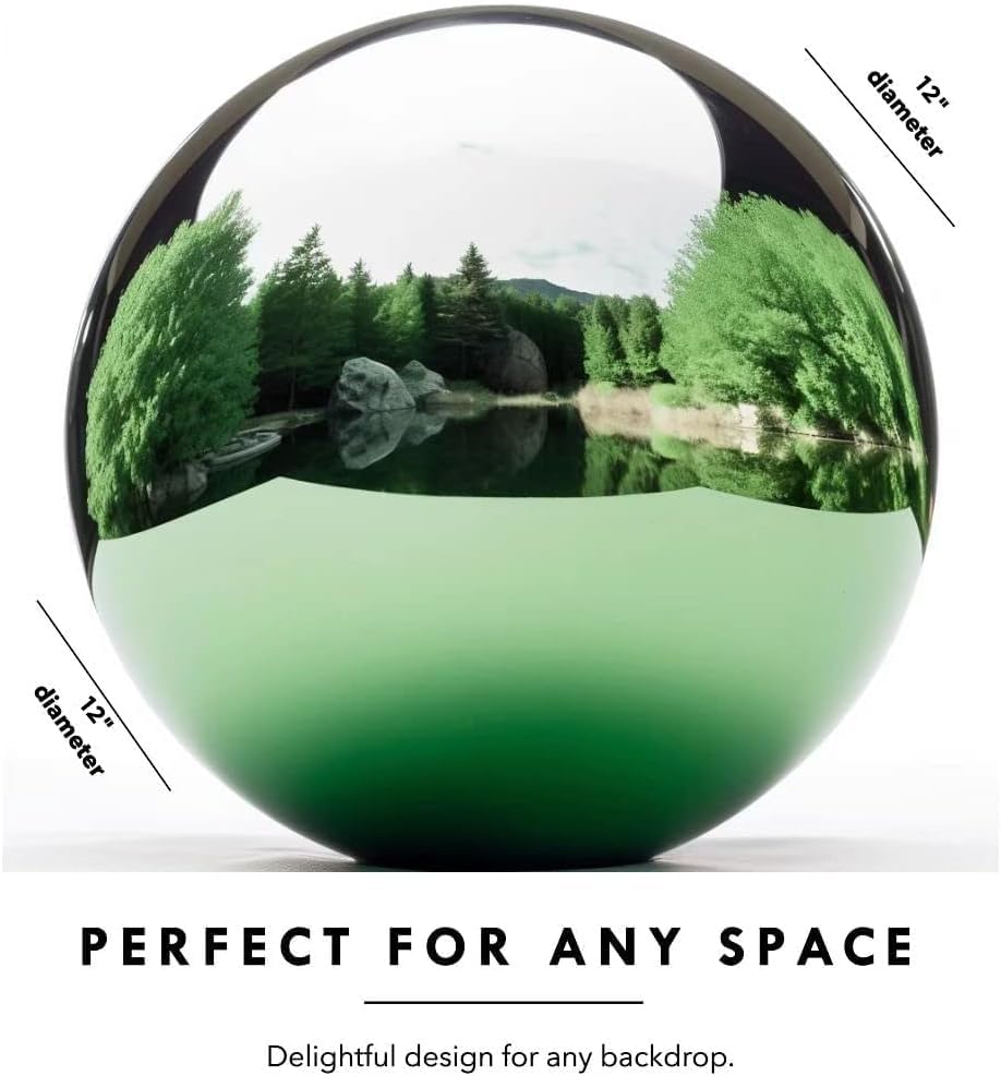 12 Inch Stainless Steel Gazing Globe,v2croft Hollow Ball Mirrored Surface Polished Shiny Sphere,Garden Stainless Steel Gazing Ball for Outdoor Lawn Pond Yard Ornament(Green) - Image 2