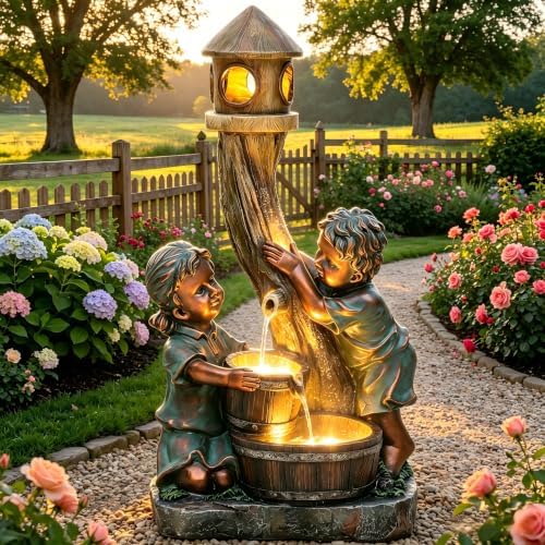 31" Boy and Girl Outdoor Water Fountain LED 3-Tier Waterfall by Ultym
