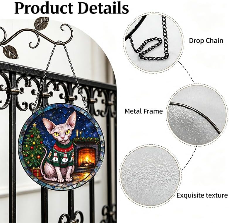 Stained Glass Window Hanging Sphynx Cat Suncatcher Gifts for Him 9.8" - Image 3