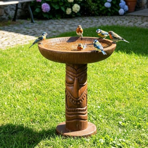 Tiki Bird Bath for Outdoor Garden, 18.9" Hawaiian Style Totem Pole Birdbath with Tiki Face Pedestal, Fiber-Reinforced Concrete Yard Decor, 30 lb Brown Tribal Statue by Unknown
