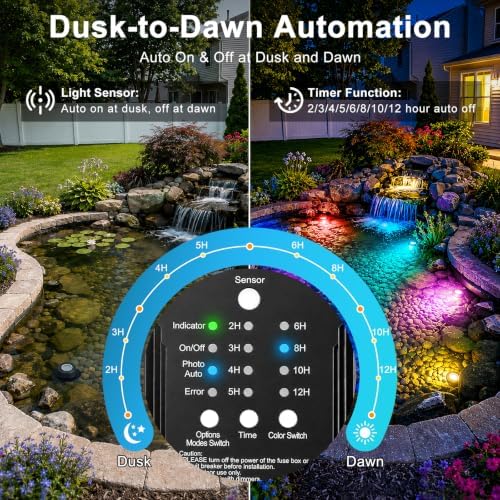 LED Pond Lights RGBWW, Underwater Pond Lights with 12V Timer Transformer, 6 Head Outdoor IP68 Waterproof Submersible Fountain Lights, Remote Control & Photocell Sensor for Pond, Waterfall, Garden - Image 3