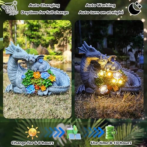 Dragon Solar Garden Statues Outdoor Decoration with Succulent and 6 LED Lights,Dragon Figurine Solar Lights Lawn Décor,Outside Statue Ornament for Patio, Balcony, Yard,Unique Gift for Mom - Image 7