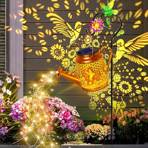 Hummingbird Solar Lights Outdoor Waterproof, Birthday Gifts for Christmas Mom Grandma Women, Solar Watering Can Lights with Shepherd Hook, Metal Hanging Lantern Garden Decor Yard Outside Patio Lawn by ANGMLN