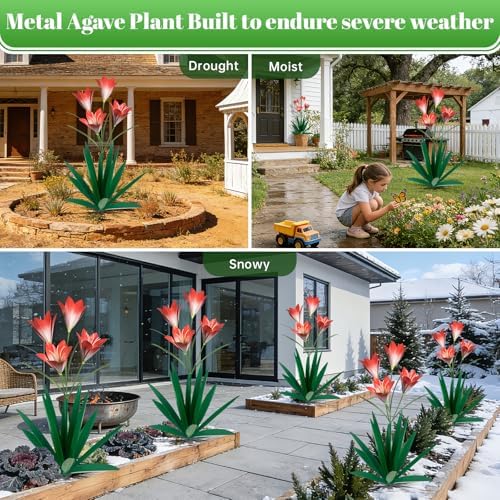 TOMBABY 32.28 Inch Metal Agave Plant Outdoor Decoration Lily Mexican Yard Art Garden Gift Home Decor Hand Painted Metal Agave Garden Yard Statue (2pc, Green) - Image 6