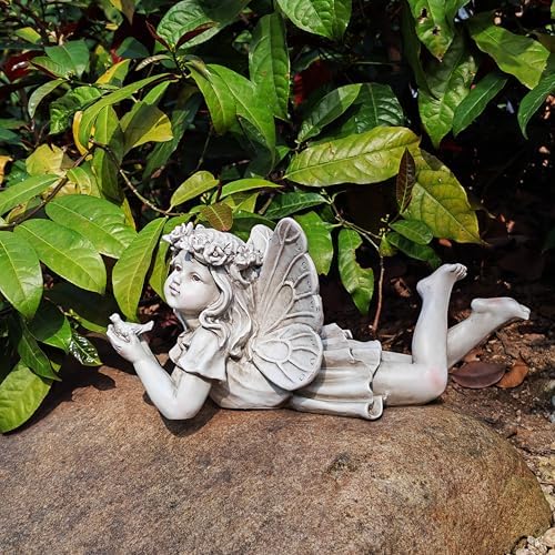 Garden Angel with Bird Statue, Resin Fairy Outdoor Memorial Decor - Image 2