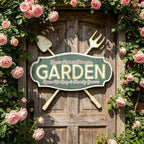 Vintage Metal Garden Sign, Distressed Green Wall Decor with Shovel & Fork Design, Rustic Farmhouse Wall Art for Outdoor Porch, Patio, 18.11” × 16.54” - Image 2