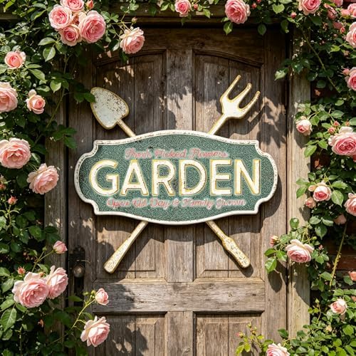 Vintage Metal Garden Sign, Distressed Green Wall Decor with Shovel & Fork Design, Rustic Farmhouse Wall Art for Outdoor Porch, Patio, 18.11” × 16.54” - Image 2