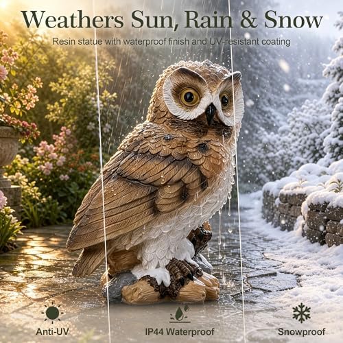 Large Solar Owl Garden Outdoor Statue, IP65 Waterproof Resin Owl Figurines with Built-in LED Lights, Fake Owl Figurine Decorations for Yard Patio Lawn, Housewarming Gifts for Women Mom, Brown - Image 3