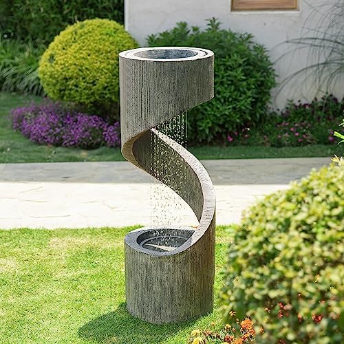 Glitzhome Outdoor Water Fountain with LED Light, Modern Spiral Tiered Outdoor Fountain with Stone Planter, Curved Freestanding Waterfall Fountains for Garden Patio Deck Porch, 40”H by Glitzhome