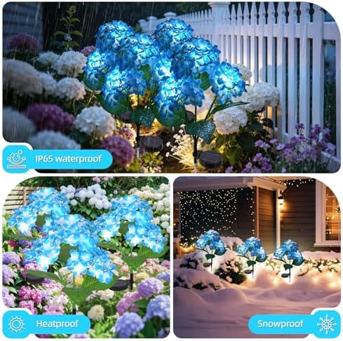 Solar Garden Lights 4 Pack, LED Blue Hydrangea Waterproof Auto On/Off - Image 4