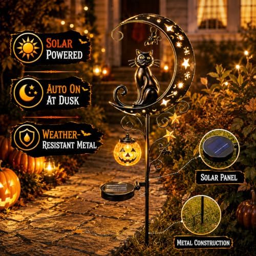 Solar Halloween Black Cat & Pumpkin Moon Garden Stake Light, with Hanging Pumpkin Lantern, Outdoor Halloween Decorations Yard Decor Lights for Garden, Patio, Lawn, Walkway, Porch(Style-B) - Image 4
