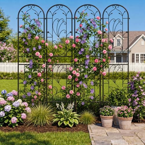4-Pack 87" x 20" Sunflower Scroll Arch Black Metal Garden Trellises - Image 3