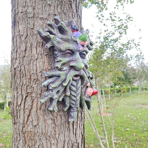 Whimsical Tree Face Garden Decoration ，Tree Faces Decor Outdoor Wallmounted Statue Art with Leaf Features, Outdoor Decor Garden Accessory (Green) - Image 5