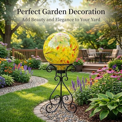 Glass Outdoor Gazing Globe, 10" Hand Blown Yellow Swirl Gazing Ball - Image 5