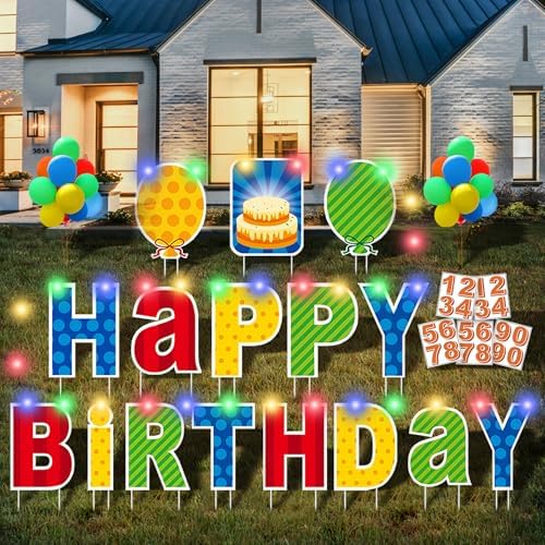 ComboJoy 16 Pcs Happy Birthday Yard Sign with Stakes, Personalized Age Plastic Signs with LED Lights, 20 Number Stickers & Colorful Letters, Weatherproof Birthday Decorations for Indoor & Outdoor Lawn by ComboJoy