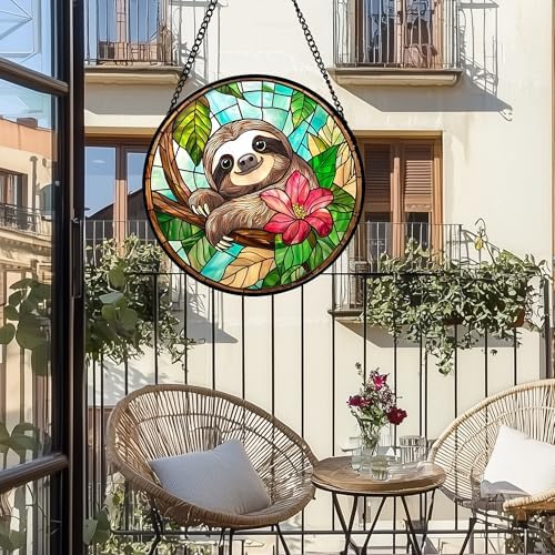 Stained Glass Window Hanging Sloth Flower Suncatcher Gifts for Women 12" - Image 2