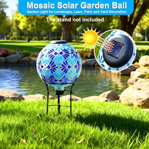 SAVENNA Mosaic Solar Gazing Ball 10 Inch, Glass Garden Globe with Auto On/Off for Yard, Lawn & Outdoor Decor, Blue Mosaic - Image 3