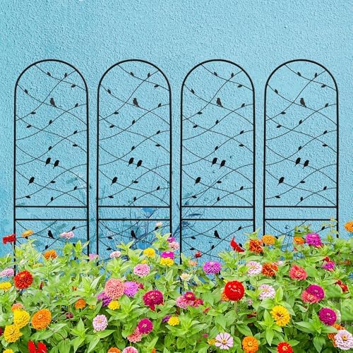 4 Pack Metal Garden Trellis 86.7" Tall Outdoor Climbing Plant Support for Roses, Flowers, Rustproof Durable Black Galvanized Tube, Lawn Garden Fence Decor Screen (4, Black birds-86.7" H) by Sybrioka