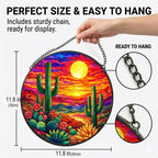 Stained Glass Window Hanging - 11.8" Desert Sunset Cactus Landscape Suncatcher Glass Panel, Home Decorative Hanging Ornament for Kitchen or Garden, Ideal Gift for Mother, Wife or Women - Image 3