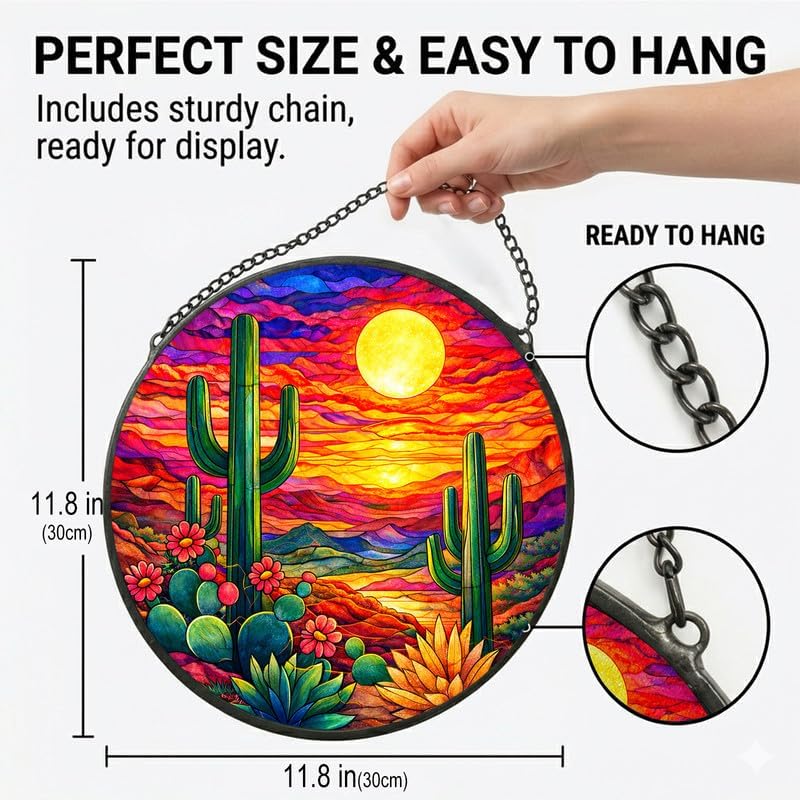 Stained Glass Window Hanging - 11.8" Desert Sunset Cactus Landscape Suncatcher Glass Panel, Home Decorative Hanging Ornament for Kitchen or Garden, Ideal Gift for Mother, Wife or Women - Image 3