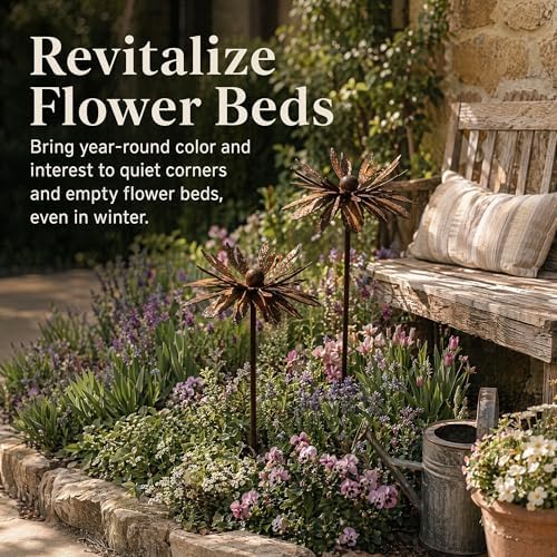 Set of 2 Vintage Rusty Cornflower Statues Stakes - Rustic Yard Art Decor for Flower Beds & Patio - 12 Inch 3D Metal Garden Decor & Metal Yard Decor - Resistant Iron Floral Sculpture Gift - Image 4
