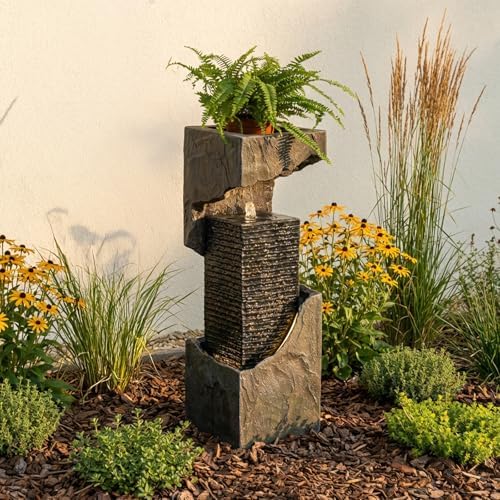 Modern Rectangular Water Fountain Outdoor with LED Lights & Planter Top, 35.4" Tall Resin Cascading Waterfall Feature for Patio Backyard Garden Décor, Outdoor Water Feature - Image 2