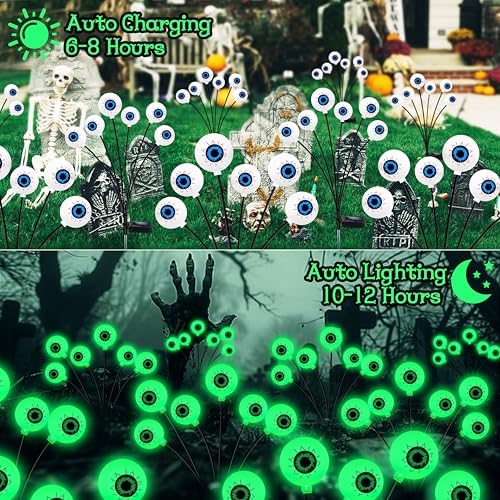 Kohlrabi Halloween Decorations Outdoor, 6 Pack 36 LED Solar Scary Eyeball Swaying Lights, Green Solar Firefly Light Waterproof Outdoor Garden Lights for Halloween Yard Garden Lawn Party Flower Bed - Image 4