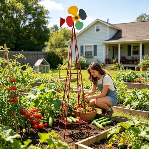 6.2ft Metal Garden Windmill for Yard - Garden Decor Wind Spinners Outdoor, Large Colorful Whirligig Spinners Wind Sculpture Weather-Resistant for Patio Farm Coastal Areas Red - Image 4