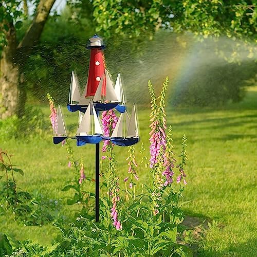 Kinetic Art Wind Sculpture - Summer Lighthouse Sailboat Windmills, Nautical Art Garden Windmills, Large Metal Sailboat Wind Spinners Decor for Outdoor Yard and Garden (1pc) - Image 4