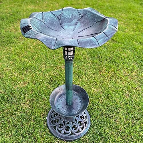 Westcharm 30 Inch Solar Powered LED Lighted Birdbath with Planter Bowl for Outdoors Yard Outside Outdoor Garden Decoration Pedestal Base Stand - Verdigris Green Polyresin Solar Bird Bath with Planter by Westcharm