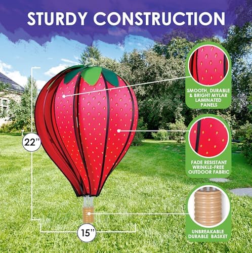Hot Air Balloon Hanging Garden Spinner 22" - Vibrant Strawberry Design, Weather-Resistant Outdoor Decor, Durable & Lightweight for Patios, Yards, and Gardens - Eye-Catching Wind Spinner - Image 3