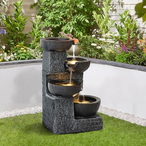 4 Tiered Waterfall Fountains, Outdoor Water Fountains with LED Lights, Garden Outside Brick Waterfalls, Modern Cascading Flow Fountain for Garden, Yard, Patio, Home Decor (Brown) by Unknown
