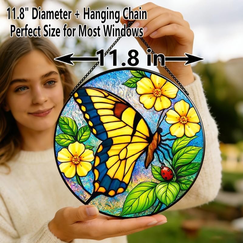 Stained Glass Window Hanging Suncatcher 11.8 in Butterfly and Yellow Flower Colorful Glass Panel Sun Catcher for Window,Bright Nature Window Hanging Decor for Home,Housewarming Gift - Image 6