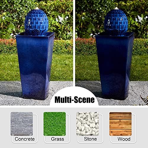 Glitzhome Water Fountain Outdoor with LED Light, Oversized Ceramic Pedestal Garden Fountains Outdoor, Artichoke Outdoor Fountains and Waterfalls Water Feature, Cobalt Blue, 35.75" H - Image 3