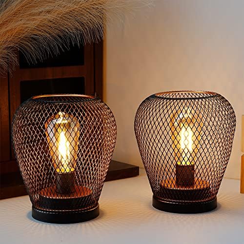 JHY DESIGN Set of 2 Metal Cage LED Lantern Battery Powered Lamp Cordless Accent Light with LED Edsion Style Bulb Great for Weddings Patio Events for Indoors Outdoors（Diamond Shape by JHYDESIGN