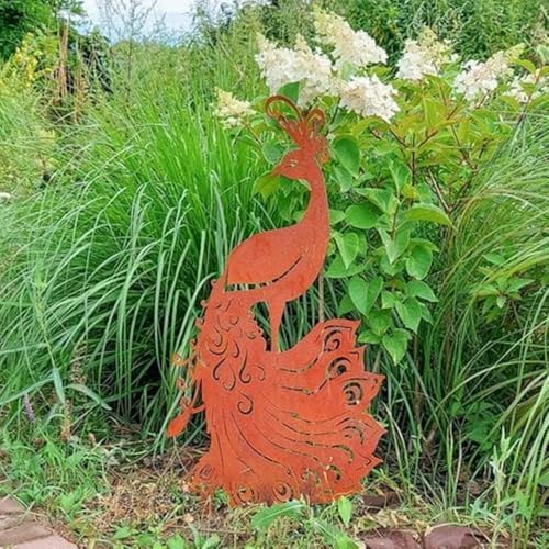 Peacock Garden Stake - 15.76" Tall Metal Yard Art with Intricate Feather Design, Rusted Outdoor Sculpture for Lawn & Fence Decor - Housewarming & Birthday Gift for Women, Mom & Grandma by Unknown