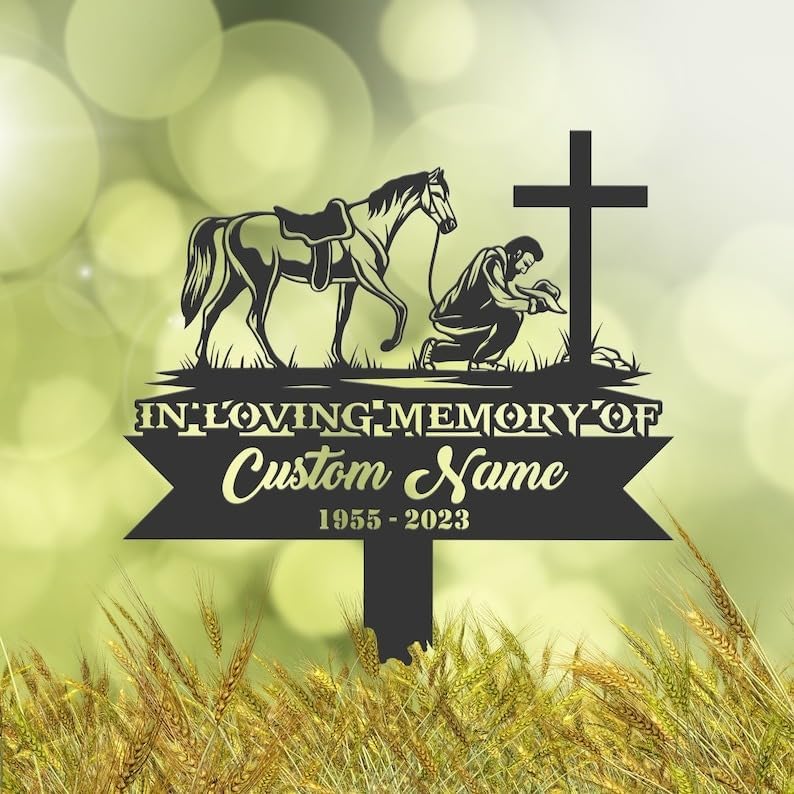 Personalized Memorial Plaques for Outdoors Cowboy Praying at Cross Grave Marker Metal Garden Stakes Cowboy Memorial Gifts Sympathy Gifts for Loss of Loved One (Cowboy) by DINOMAN