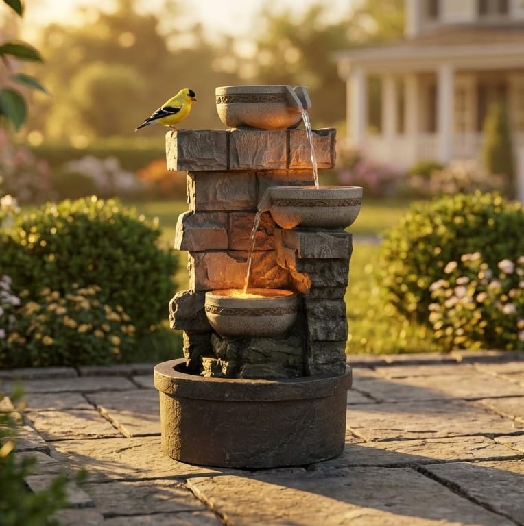3 Tier Stacked Stone Outdoor Water Fountain, 27 Inch Freestanding Cascading Waterfall Fountain with Built-in Pump, Bird Bath Rest Station for Garden, Backyard & Lawn by WarmGarden